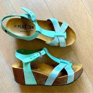 Plakton cork wedge sandals aqua blue leather and metallic women euro 38 us 8